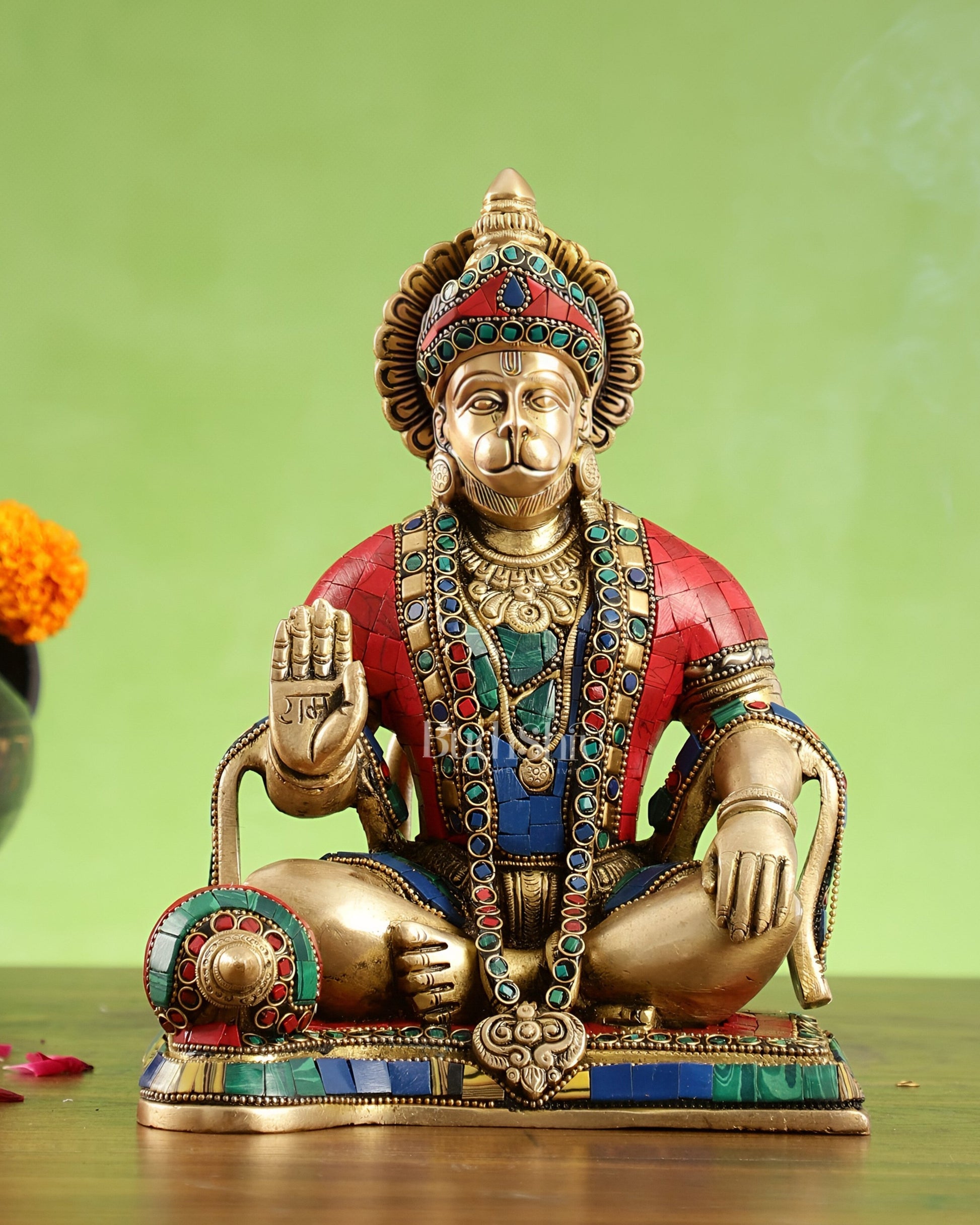 Divine Lord Hanuman Brass Idol 9.5" Tall | Meenakari Stonework