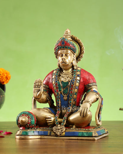 Divine Lord Hanuman Brass Idol 9.5" Tall | Meenakari Stonework