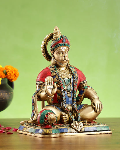 Divine Lord Hanuman Brass Idol 9.5" Tall | Meenakari Stonework