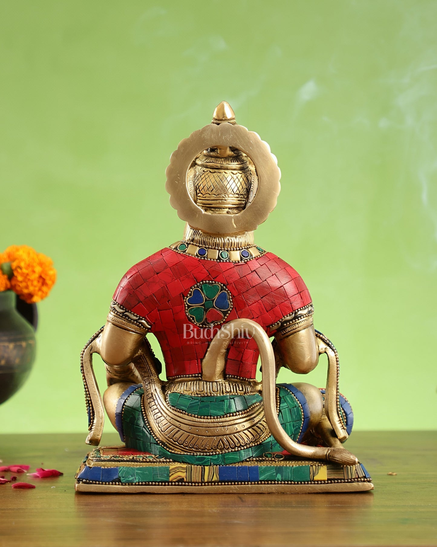 Divine Lord Hanuman Brass Idol 9.5" Tall | Meenakari Stonework