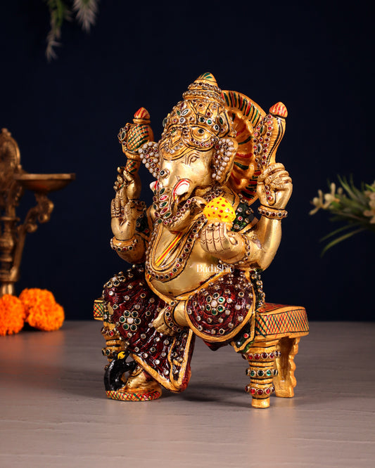 Unique Brass Lord Ganesha Decorated with Laakh Meenakari 8.5"