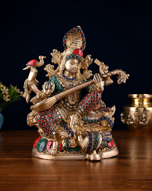 Saraswati brass idol 11 inch stonework