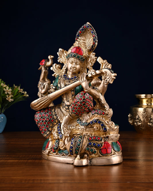 Saraswati brass idol 11 inch stonework