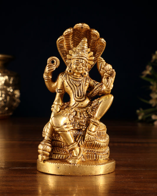 Brass Lord Vishnu Seated on Sheshanaaga – Handcrafted Idol 4.5"