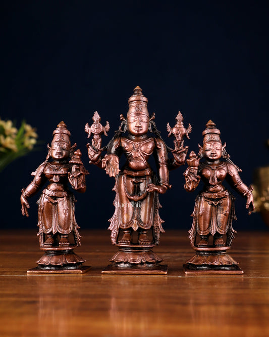 Pure Copper Tirupati Balaji Kalyana Murti Set – Vishnu with Bhudevi & Sridevi 4"
