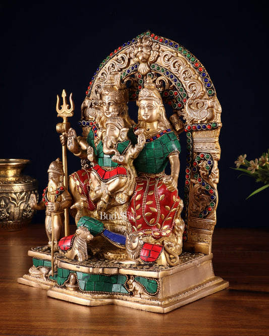 Brass Shiv Parivar Idol with stonework 12"