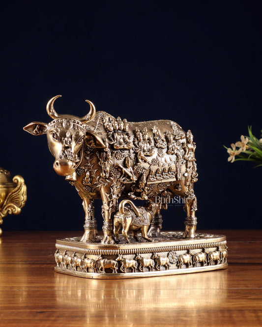 Brass Kamadhenu Cow with Calf – All Deities Engraved 7"