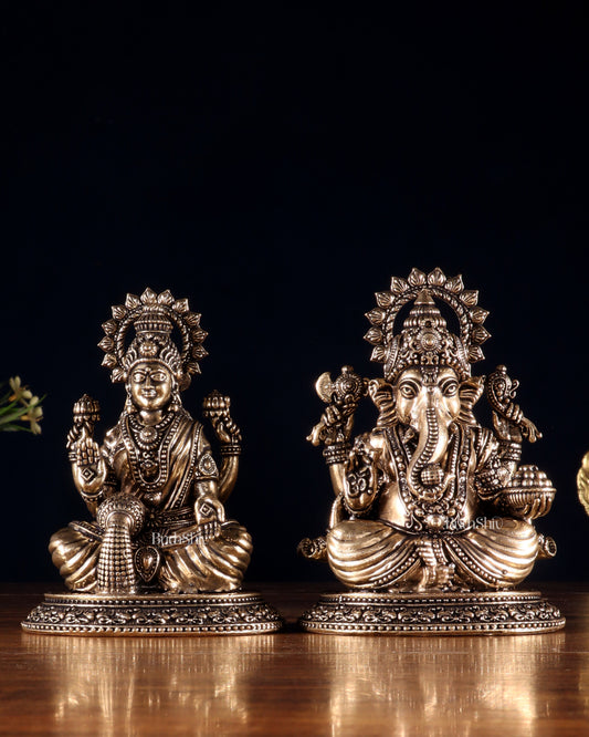 Brass Ganesha Lakshmi Idol Pair – Superfine Intricate Carving | 4.6"