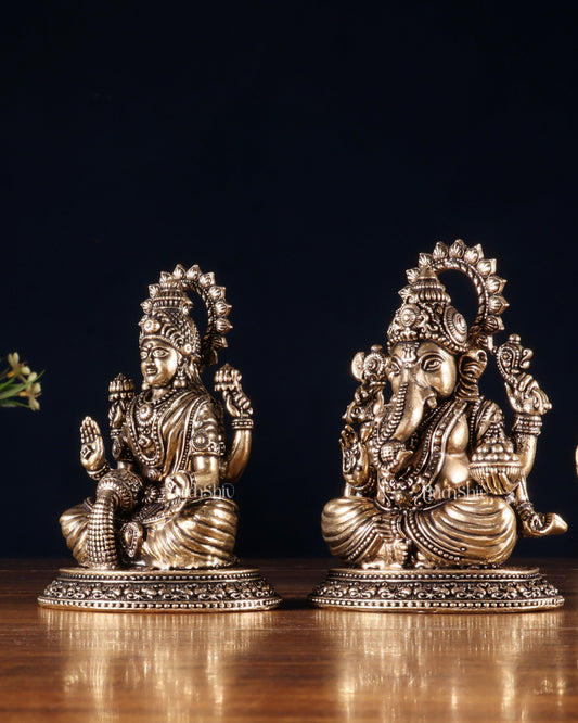 Brass Ganesha Lakshmi Idol Pair – Superfine Intricate Carving | 4.6"