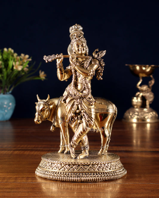 Superfine Brass Krishna with Cow idol - 7"