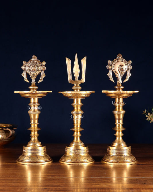 Brass Superfine 12-Inch Shankh, Chakra, Naama Oil Lamp Vilakku Diya