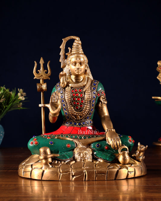 Pure Brass Lord Shiva Statue | 9 Inch meenakari Stonework