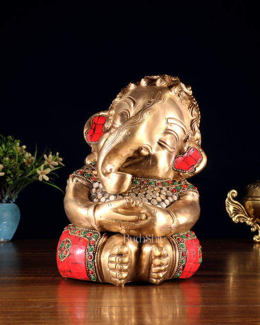 Pure Brass Baby Ganesha in Meditation with Natural Stones – 9"