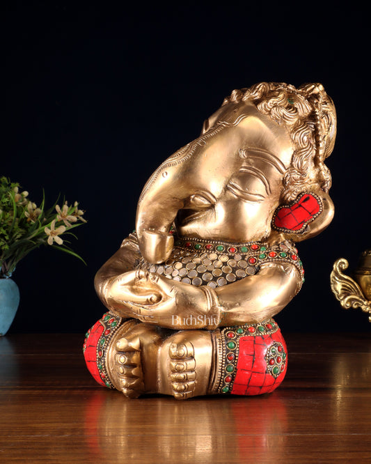 Pure Brass Baby Ganesha in Meditation with Natural Stones – 9"