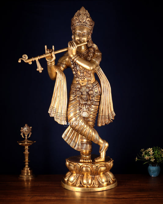 Brass Superfine Large Lord Krishna Statue – 36” | 38 kg | Only at BudhShiv