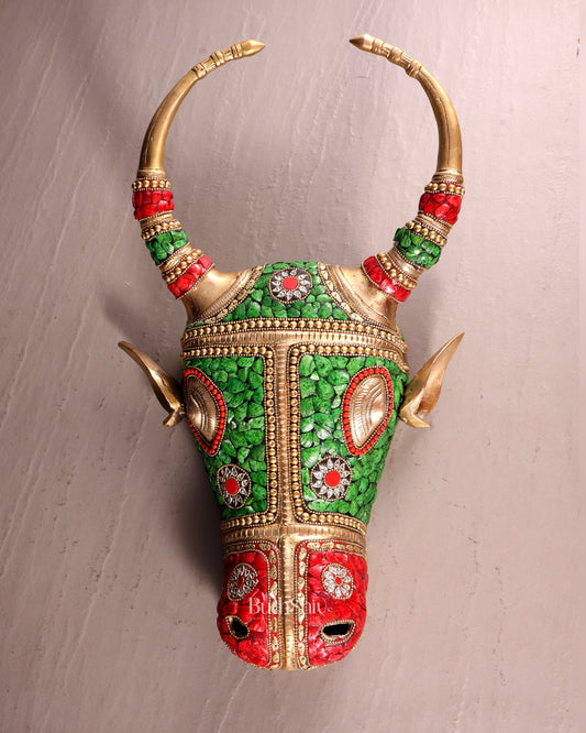 Pure Brass bull Face Wall Hanging with Meenakari Stonework – 18.5” | 5.5 kg