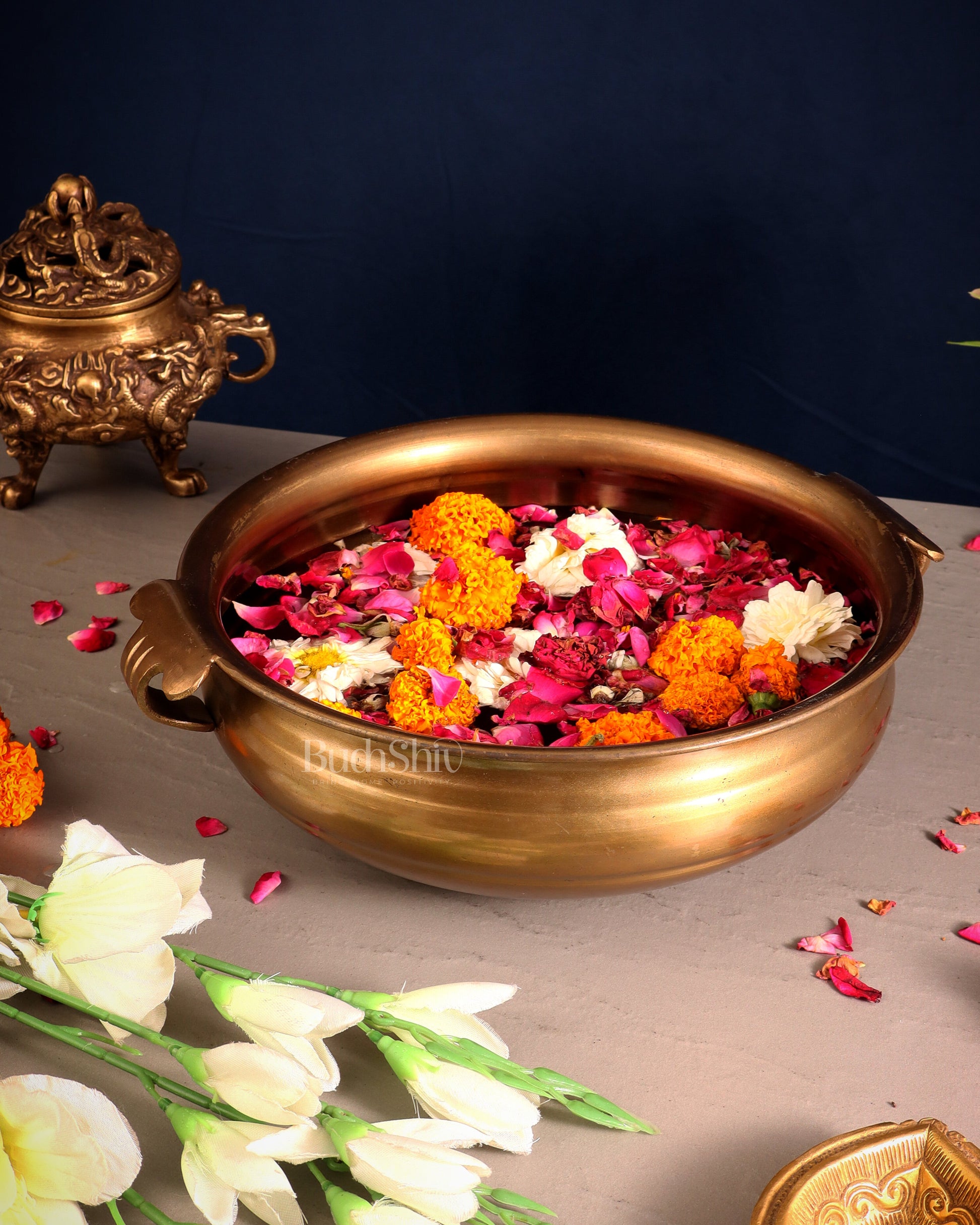 Pure Brass Large Urli Bowl – Antique Finish | 12" Wide