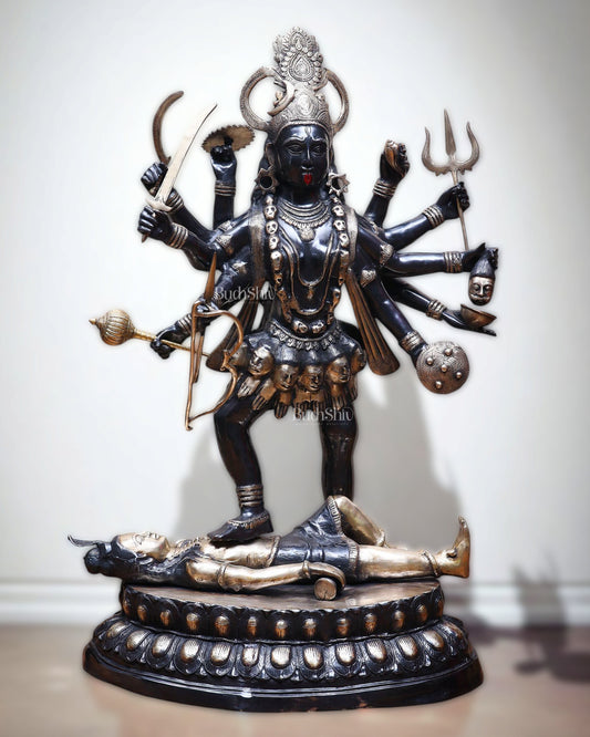 Pure Brass Goddess Kali Dashabhuja (10 Arms) Statue – 43" Black Edition | 64 kg