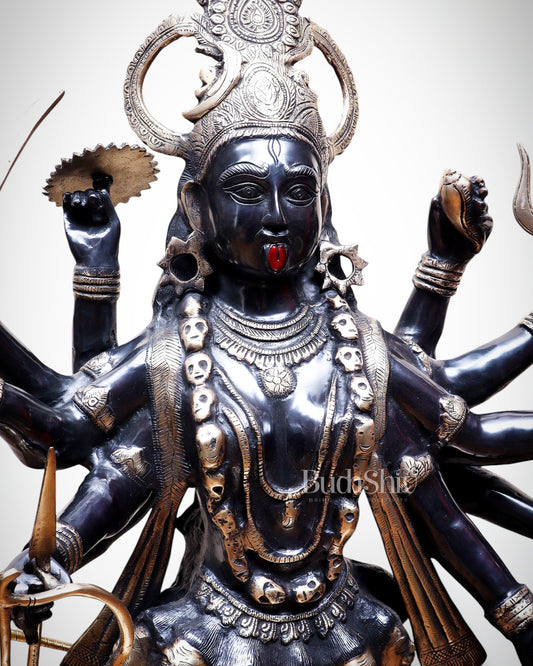 Pure Brass Goddess Kali Dashabhuja (10 Arms) Statue – 43" Black Edition | 64 kg