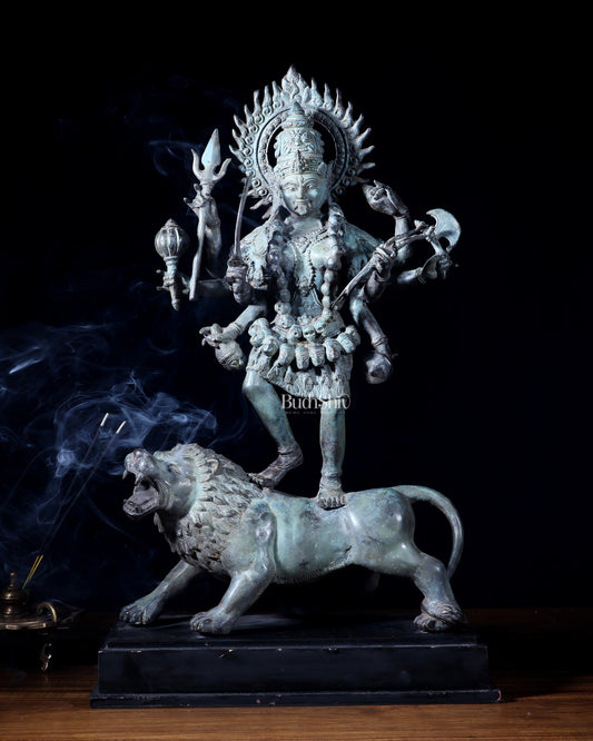 Indonesian Bronze Kali Standing on Lion – 21.2" Bronze Statue