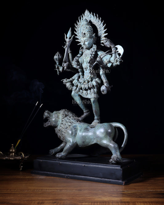 Indonesian Bronze Kali Standing on Lion – 21.2" Bronze Statue