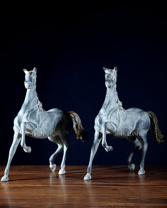 Pair of Pure Brass Galloping Horse Statues – Sand Finish | Feng Shui Symbol of Victory and Progress | 15.35" H