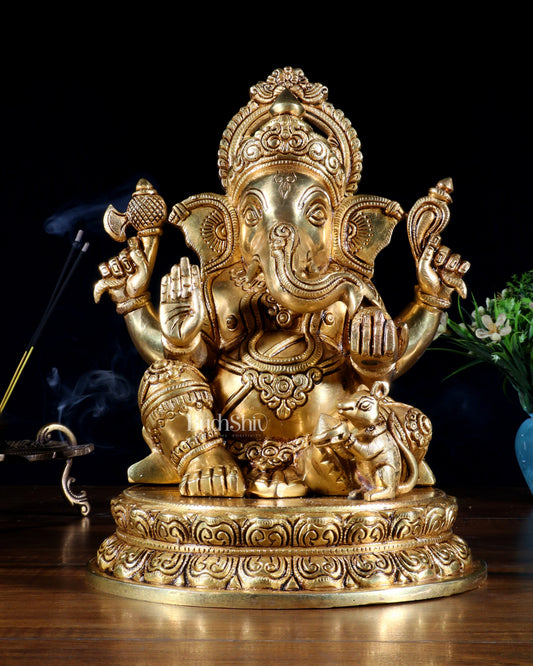 Pure Brass Lord Ganesha Statue with Enhanced Carvings – 11”