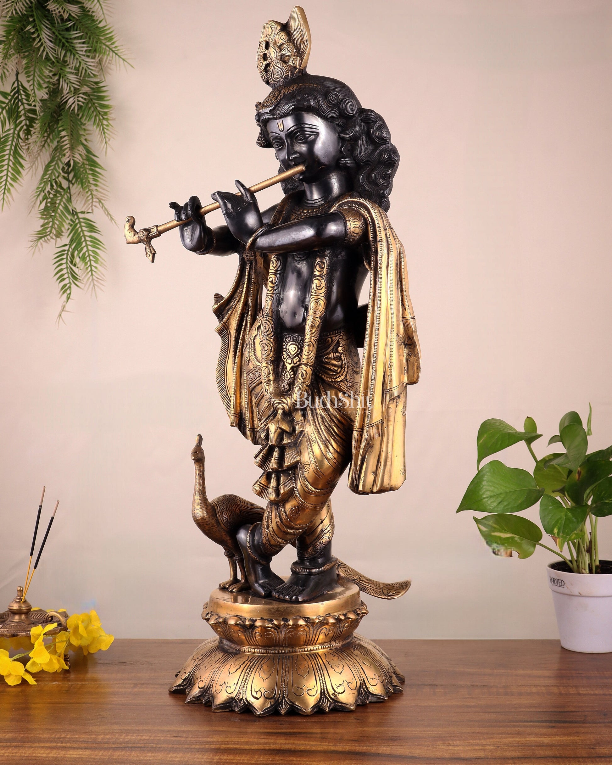 Pure Brass Krishna Statue – 27" Black