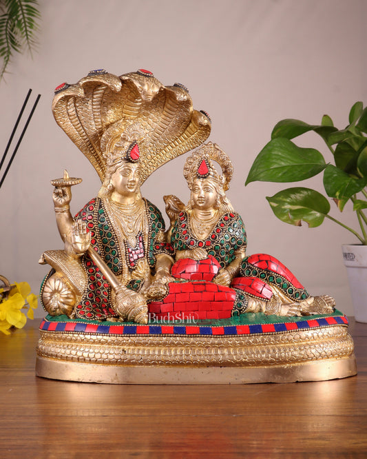 Pure Brass Lakshmi Narayan Resting on Sheshanaag Idol 10" with stonework