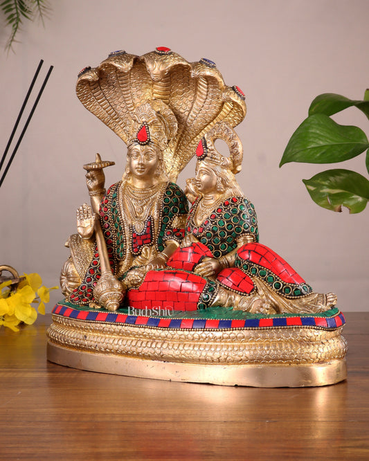 Pure Brass Lakshmi Narayan Resting on Sheshanaag Idol 10" with stonework