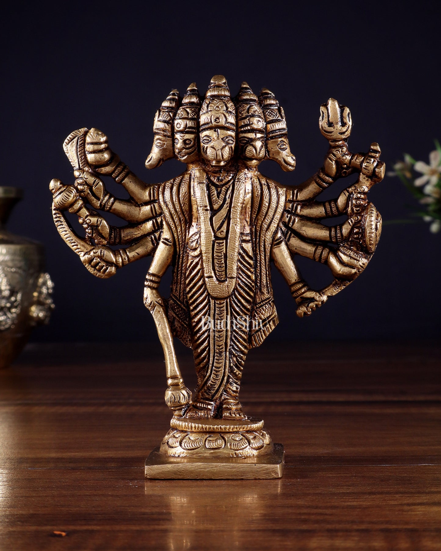 Brass Standing Panchmukhi Hanuman Idol - 5.5" Height