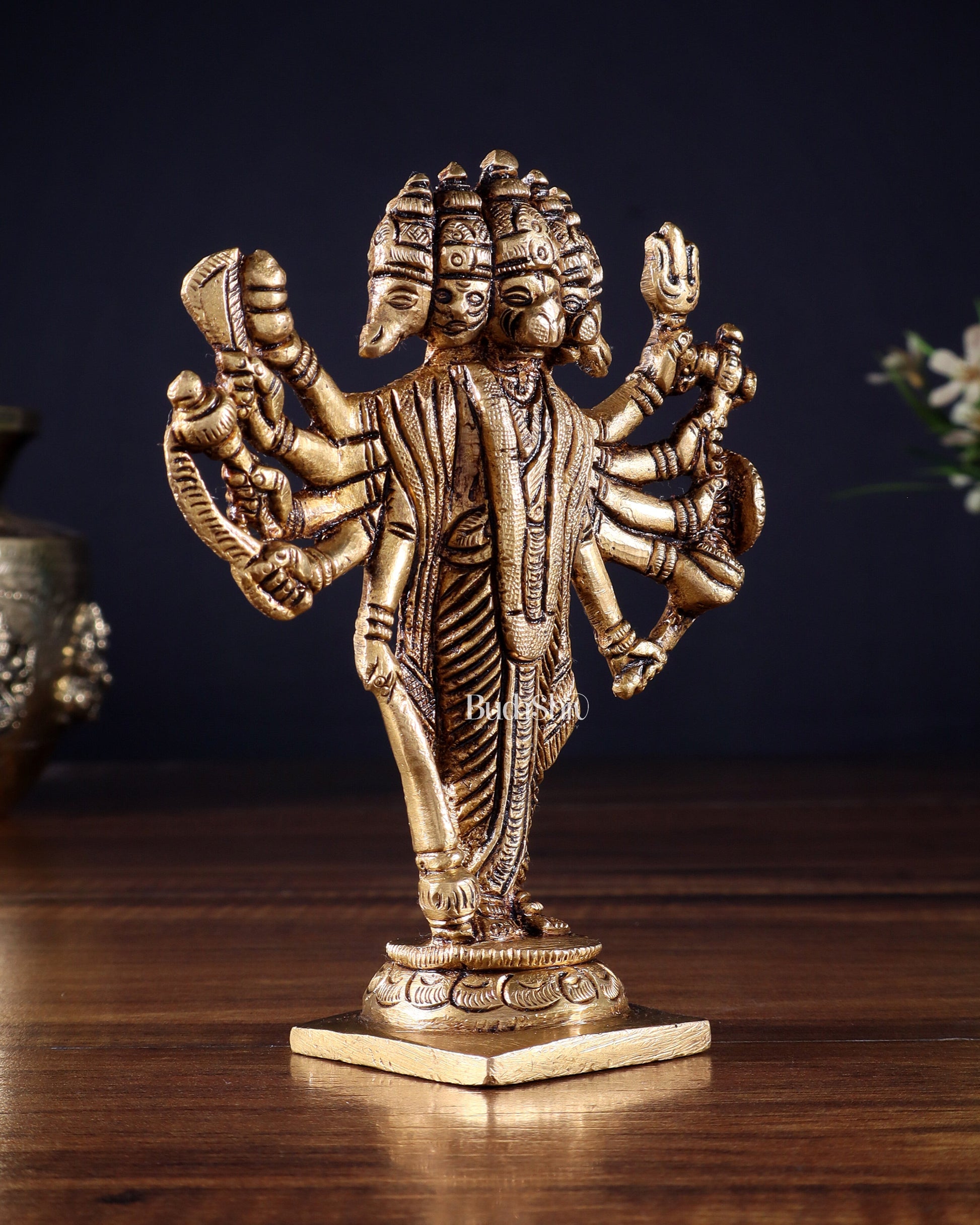 Brass Standing Panchmukhi Hanuman Idol - 5.5" Height