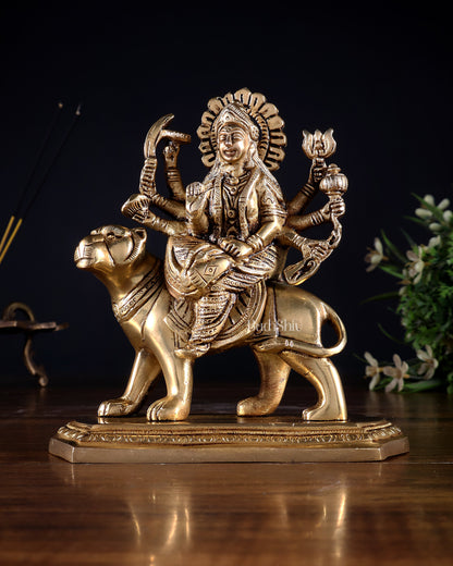 Pure Brass Goddess Durga Seated on Tiger Idol with Base – 5.5”