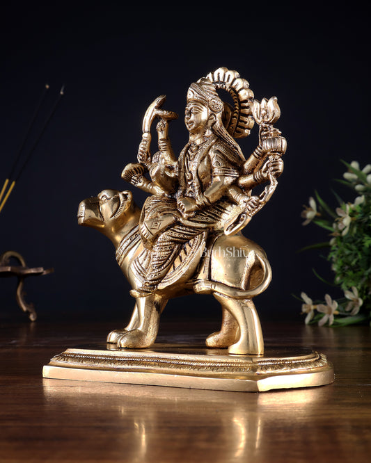 Pure Brass Goddess Durga Seated on Tiger Idol with Base – 5.5”