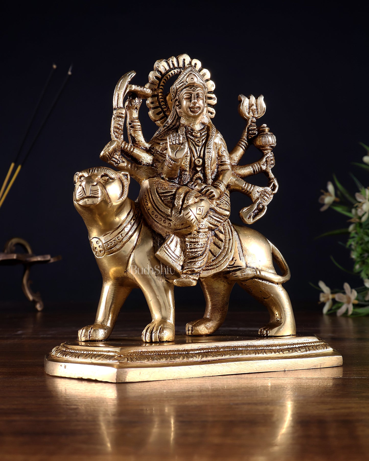 Pure Brass Goddess Durga Seated on Tiger Idol with Base – 5.5”