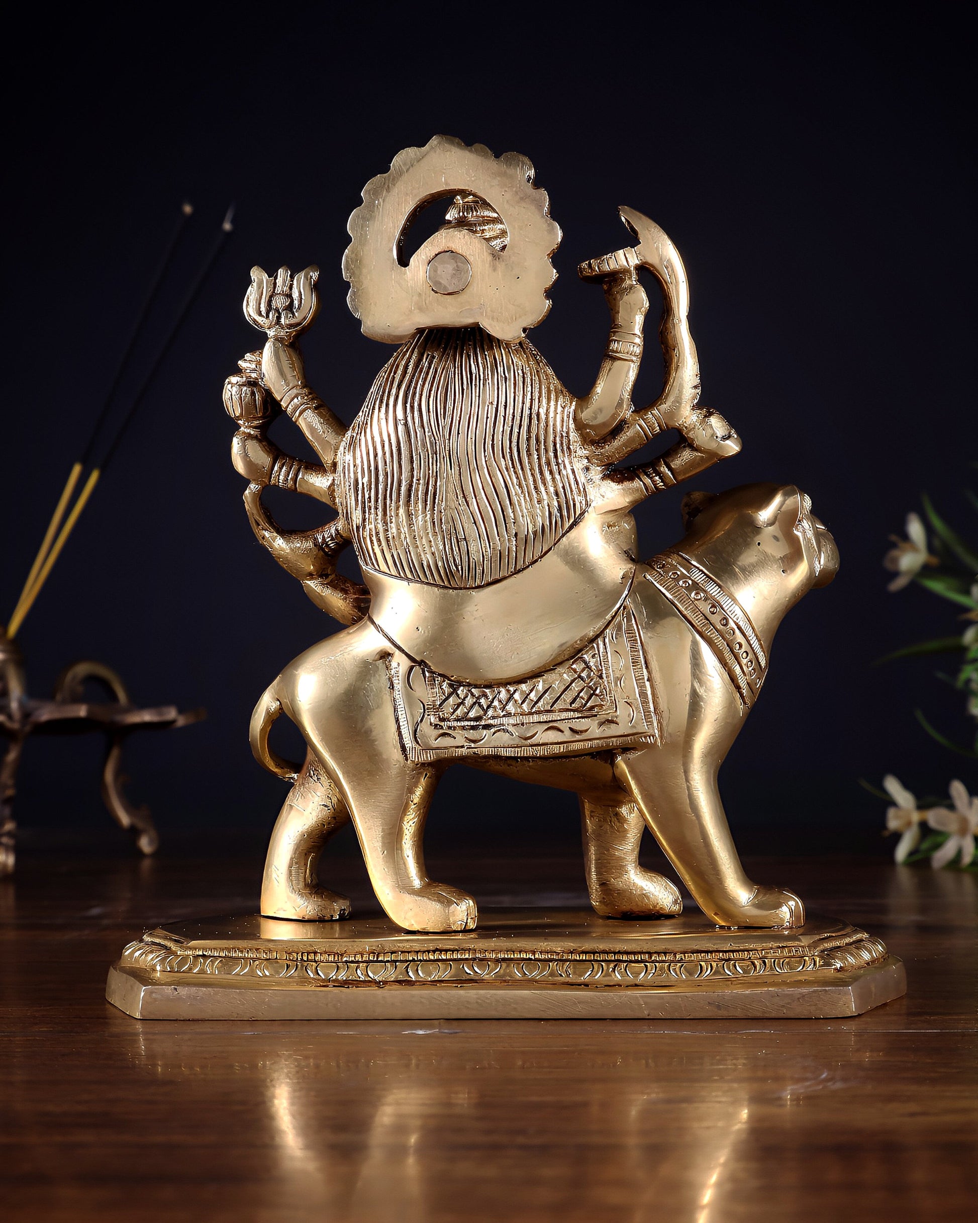 Pure Brass Goddess Durga Seated on Tiger Idol with Base – 5.5”