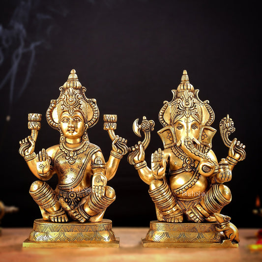 Brass Ganesha and Lakshmi Idol Pair - 11.5 Inch Statues