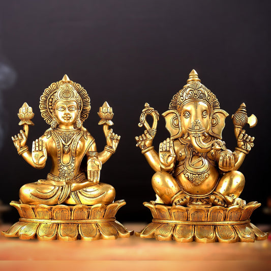 Large Pure Brass Superfine Ganesha and Lakshmi on Lotus Idols - 13.5"