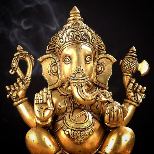 Large Pure Brass Superfine Ganesha and Lakshmi on Lotus Idols - 13.5"