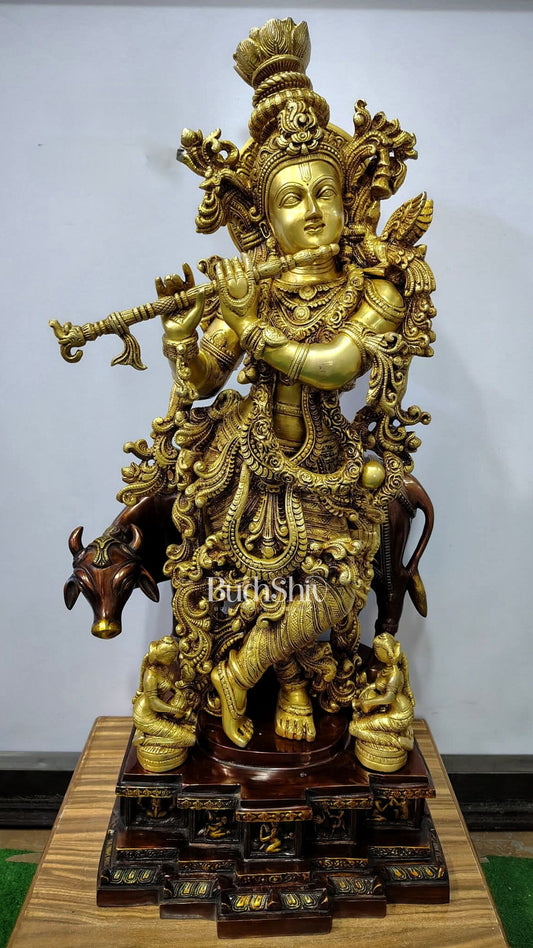 Brass large Krishna with cow statue 28"