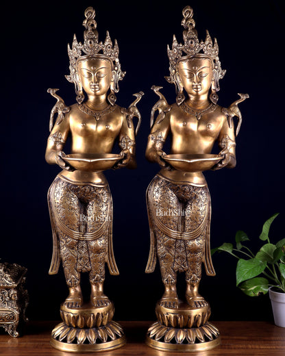 Pair of Brass Deep Lakshmi Welcome Lady Statues – Entrance Decor | 30.5"