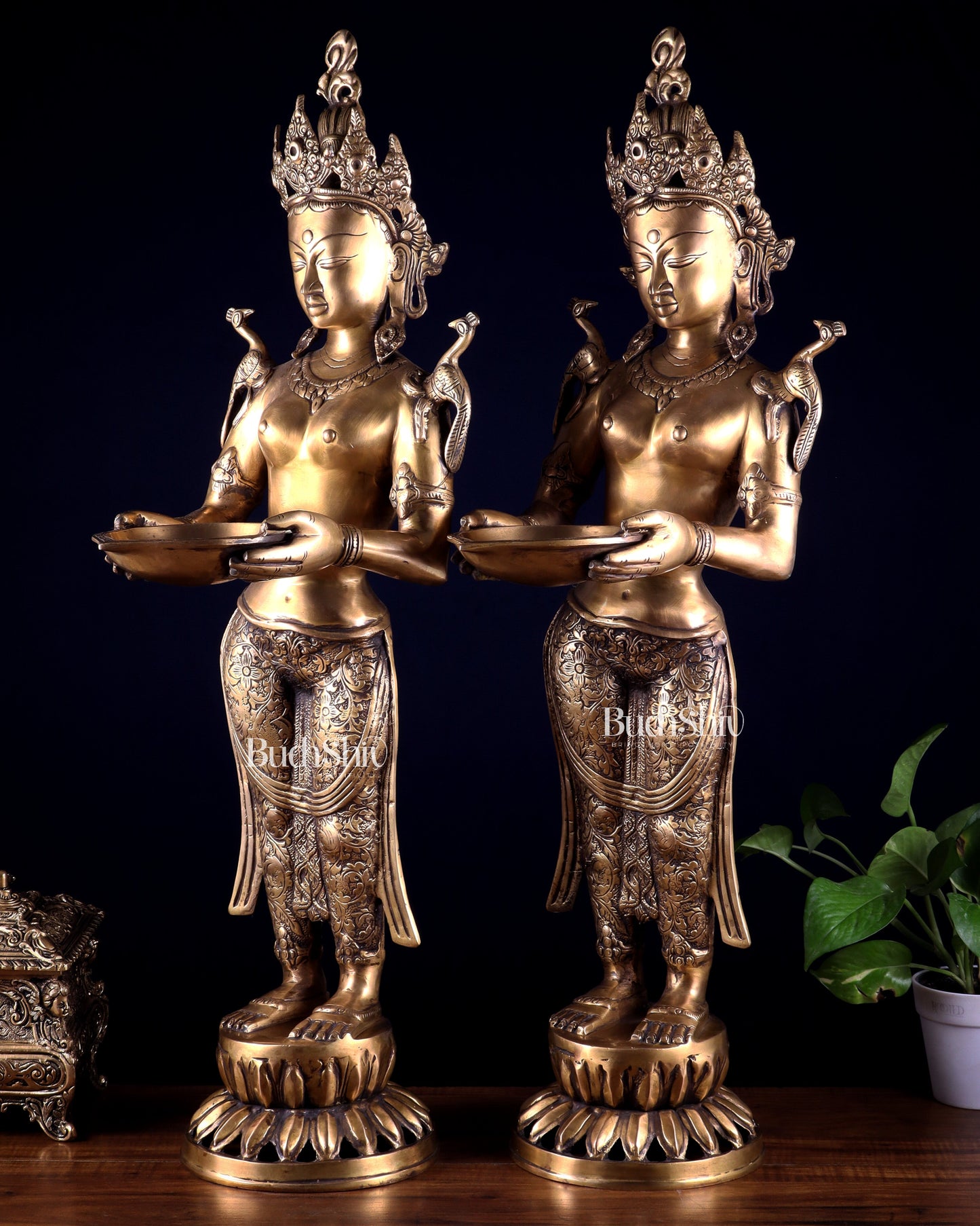 Pair of Brass Deep Lakshmi Welcome Lady Statues – Entrance Decor | 30.5"