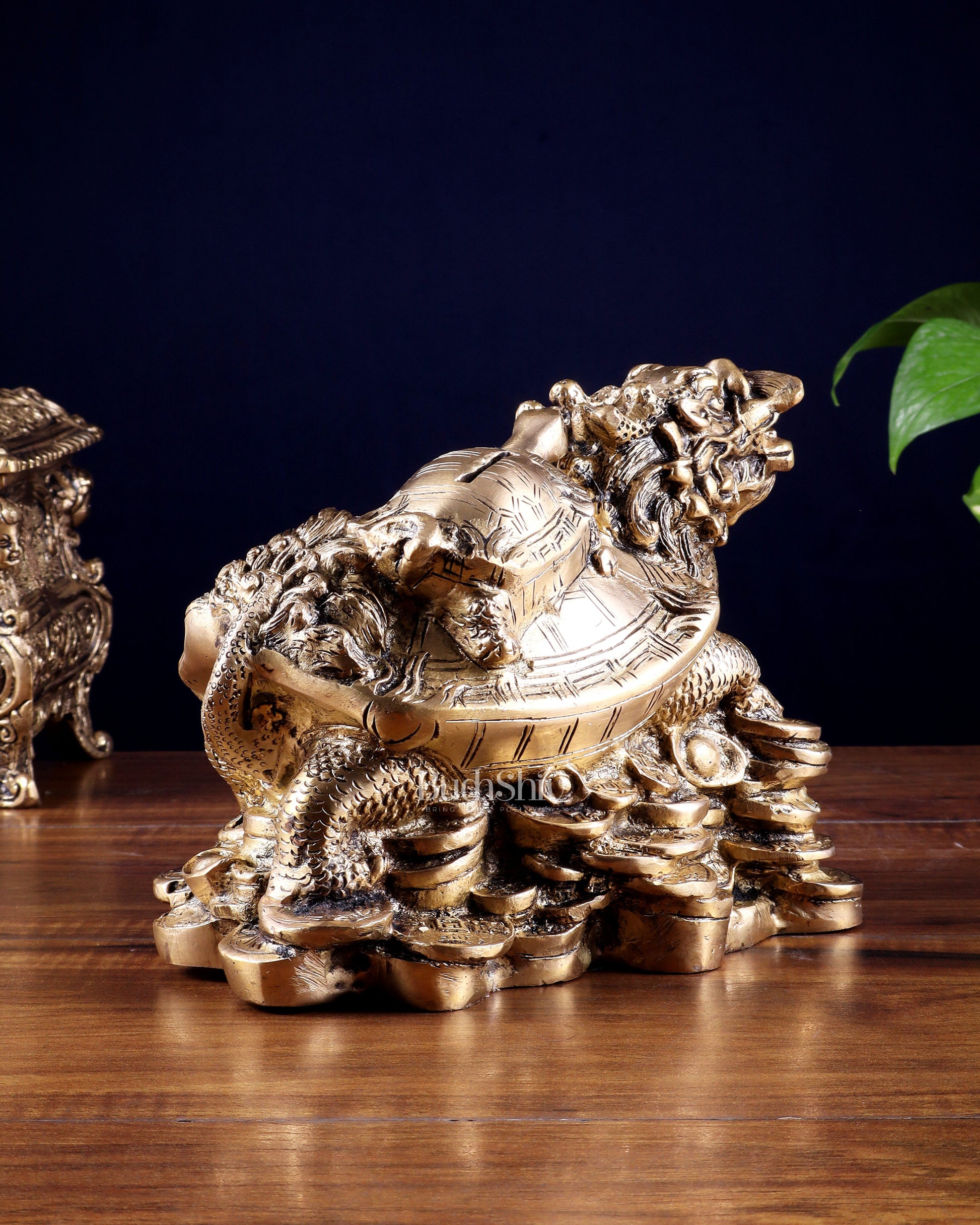 Pure Brass Feng Shui Dragon Tortoise Money Bank 8.5"