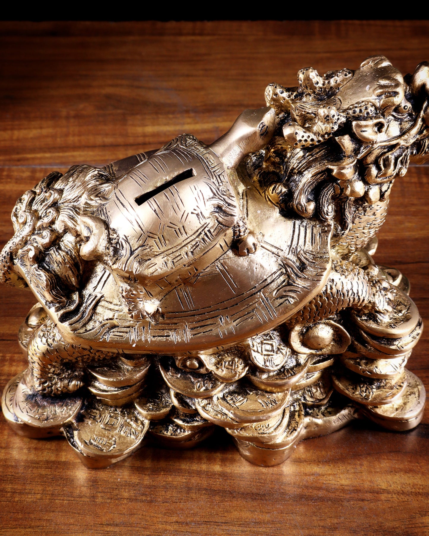 Pure Brass Feng Shui Dragon Tortoise Money Bank 8.5"