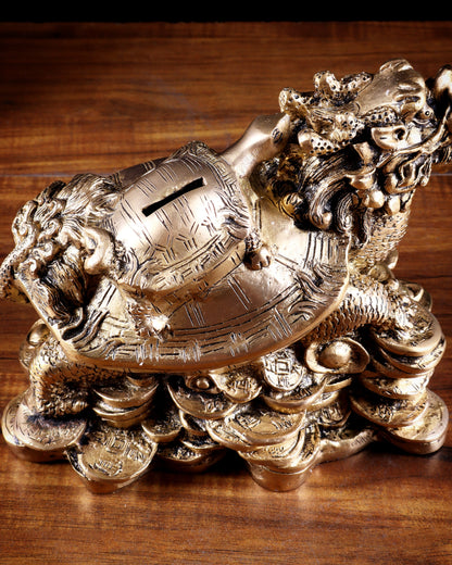 Pure Brass Feng Shui Dragon Tortoise Money Bank 8.5"