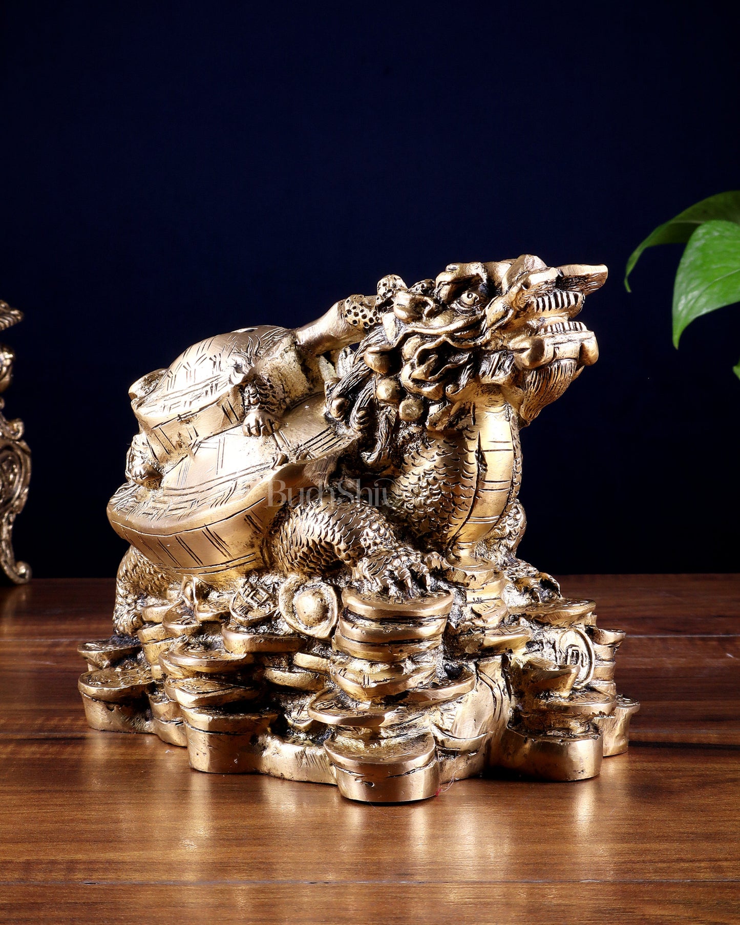 Pure Brass Feng Shui Dragon Tortoise Money Bank 8.5"