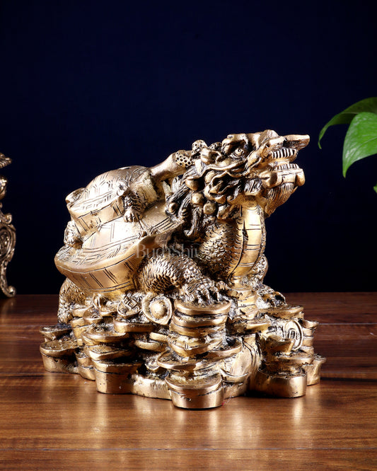 Pure Brass Feng Shui Dragon Tortoise Money Bank 8.5"