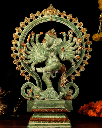 Brass Dancing Ganesha Statue - 25.5" Height, Antique Green Patina Finish