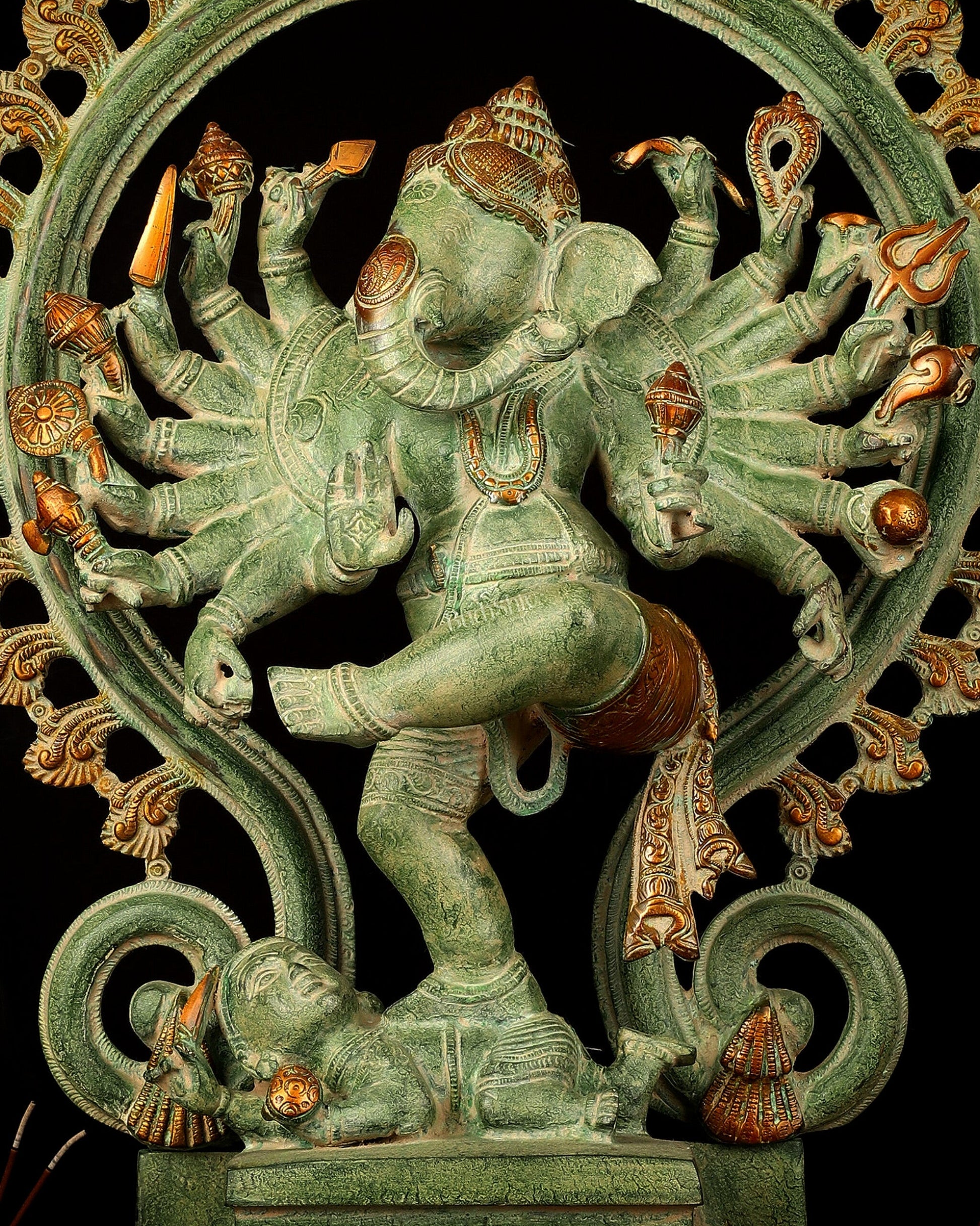 Brass Dancing Ganesha Statue - 25.5" Height, Antique Green Patina Finish