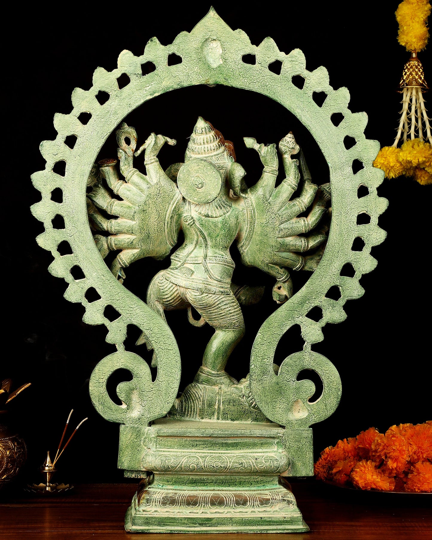 Brass Dancing Ganesha Statue - 25.5" Height, Antique Green Patina Finish
